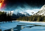 оттепель, речка, ели на берегах