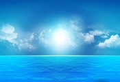 сияние в небе, тихое море, горизонт