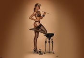 Pinup, girl, стульчик, сигаретка, чулочки