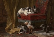 Painting, art, cat, five, kitten, chair, кошка, котята, малыши, играют, краски, картина, кресло