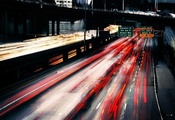 Автострада, мост, огни, скорость, движение, блики