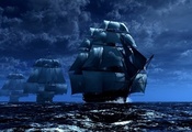 Море.волны, корабли, флот, паруса, мачты, строй
