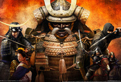 Shogun total war, wide wall, обои, япония, меч, катана, желтый фон, всадник, самурай, воины, рога, в маске, девушка, ниндзя