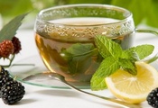 Чай, кружка, лимон, ежевика, ложка
