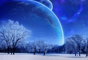 Зима, Лес, Снег, Птицы, Деревья, Планеты, Звёзды