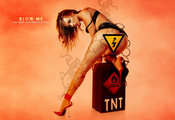 Девушка, Поза, Фон, Знак, TNT, Взрывчатка