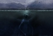 Ктулху, море, лодка, тьма, cthulhu, гроза, дождь