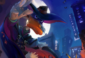 луна, город, черный плащ, летучие мыши, утка, Darkwing duck