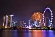 Singapore, night, skyscrapers, architecture, sky, reflection, lights, gardens by the bay, clouds