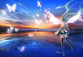 крылья, Vocaloid, девушка, наушники, hatsune miku, голубые волосы