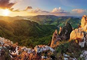 Лес, горы, закат, небо