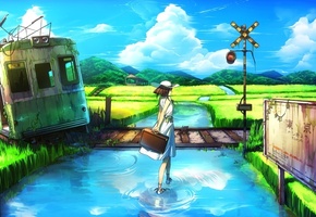 вода, руины, девушка, вагон, пейзаж, Арт, заброшенность