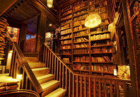 shelving, Library, stairs, light, books