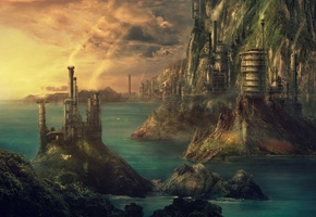 Technopolis, pulpoglow, технополис, город, море, здания, art, fantasy
